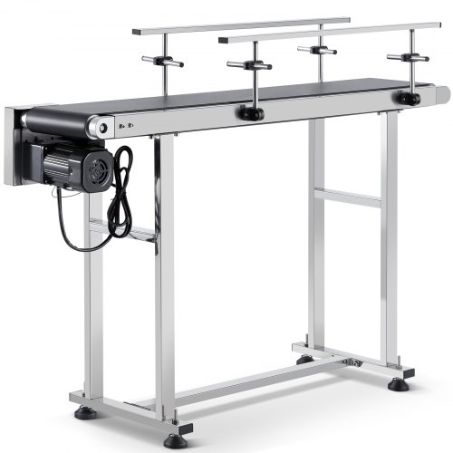 Transportador de banda VEVOR, mesa transportadora de 47 x 7,8 pulgadas, transportador de banda motorizado de acero inoxidable de alta resistencia para aplicaciones de codificación por inyección de tinta, banda de PVC motorizada, antiestática, velocidad ajustable (barandilla doble)