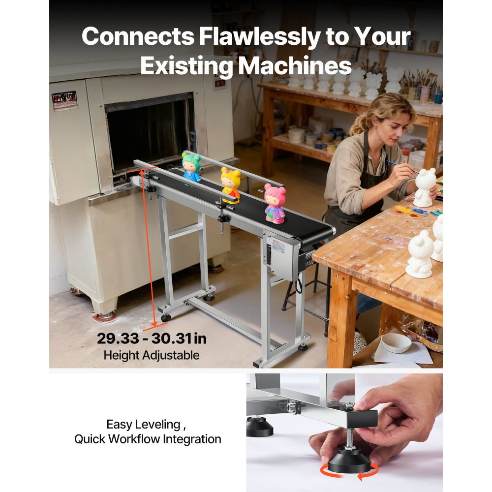 Transportador de banda VEVOR, mesa transportadora de 47 x 7,8 pulgadas, transportador de banda motorizado de acero inoxidable de alta resistencia para aplicaciones de codificación por inyección de tinta, banda de PVC motorizada, antiestática, velocidad ajustable (barandilla doble)