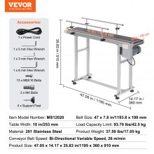 Cinta transportadora VEVOR, mesa transportadora de 47 x 7,8 pulgadas, cinta transportadora motorizada de acero inoxidable resistente para aplicaciones de codificación de inyección de tinta, correa de PVC accionada, velocidad ajustable antiestática (barandilla doble)