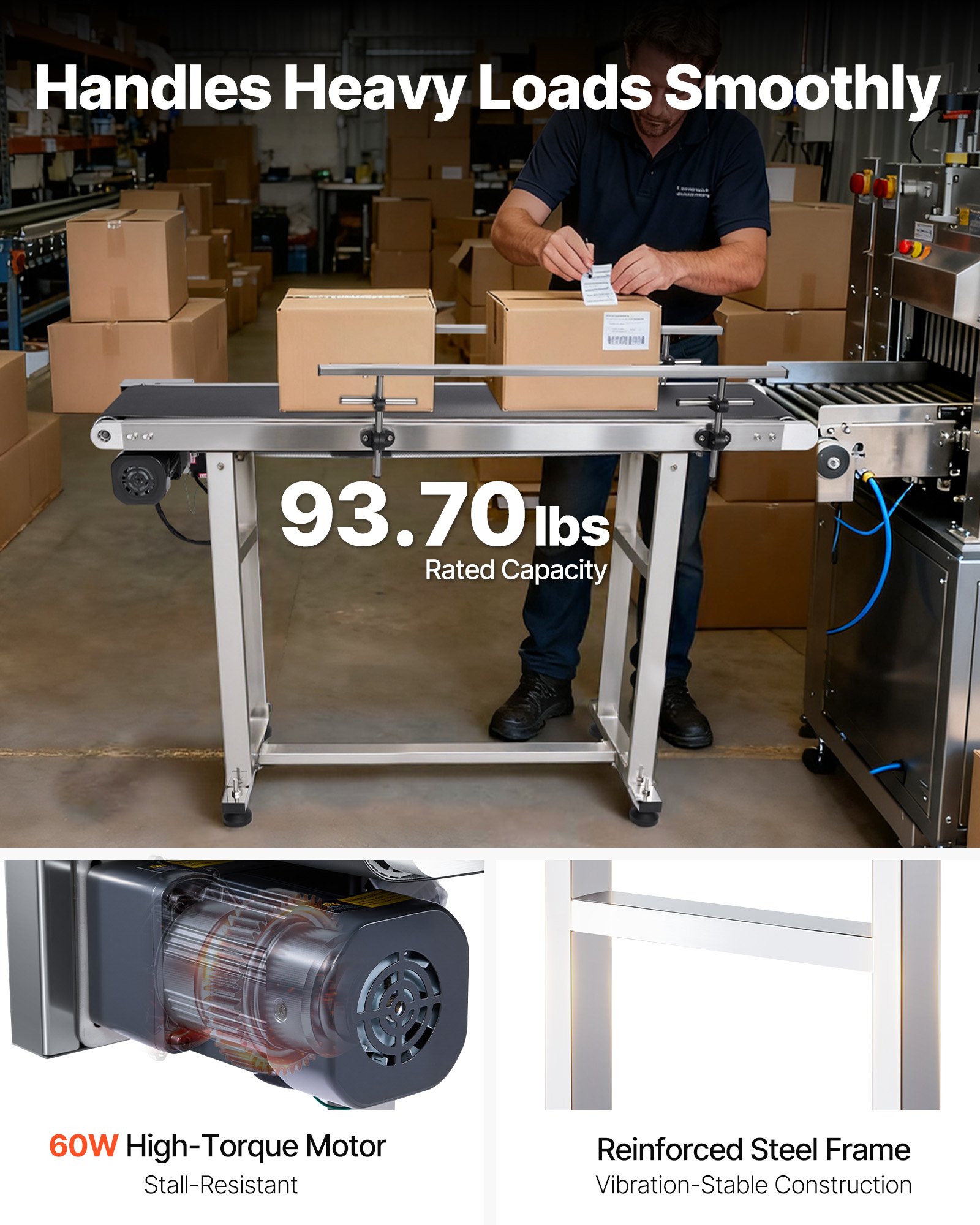 Transportador de banda VEVOR, mesa transportadora de 47 x 7,8 pulgadas, transportador de banda motorizado de acero inoxidable de alta resistencia para aplicaciones de codificación por inyección de tinta, banda de PVC motorizada, antiestática, velocidad ajustable (barandilla doble)