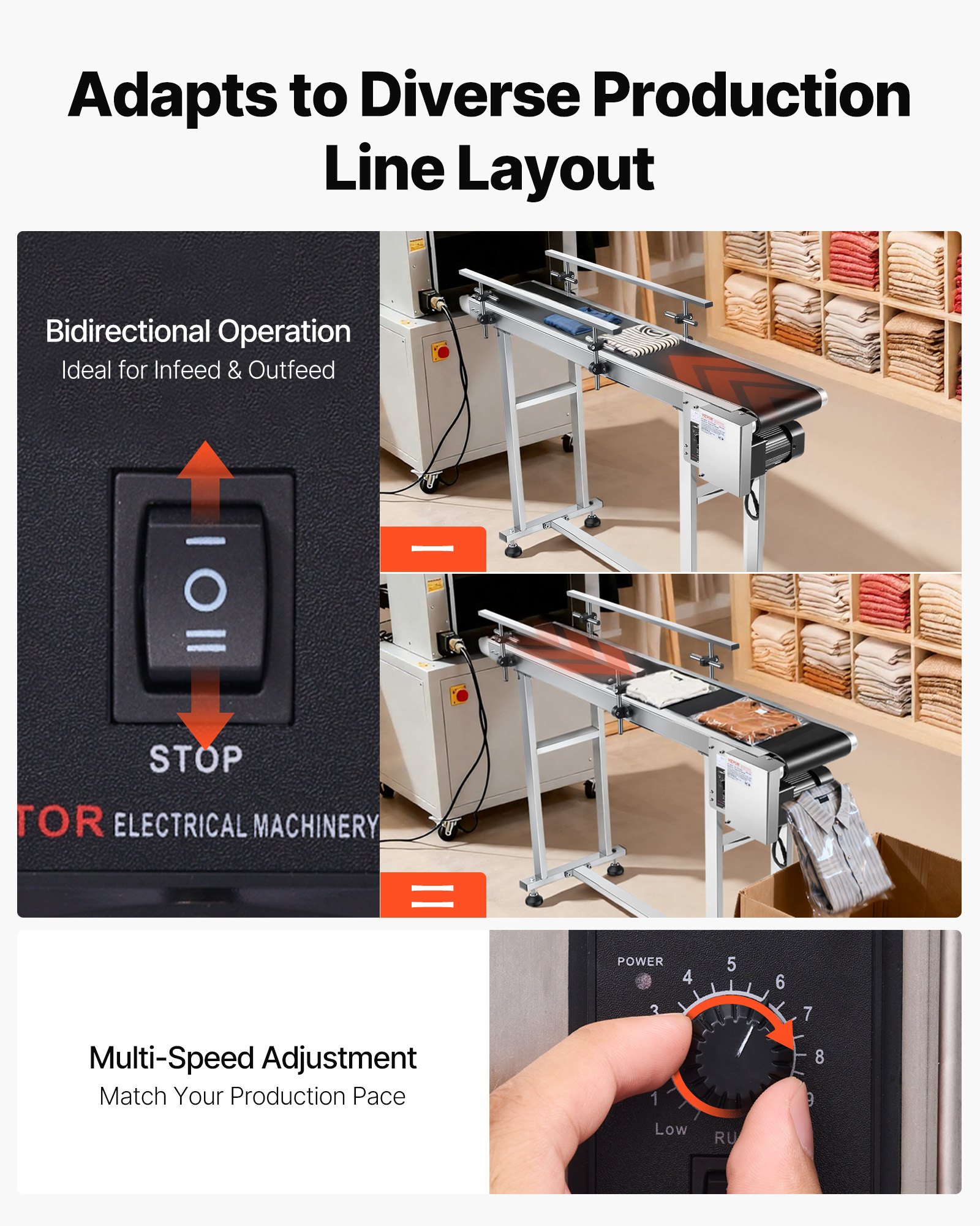 Transportador de banda VEVOR, mesa transportadora de 47 x 7,8 pulgadas, transportador de banda motorizado de acero inoxidable de alta resistencia para aplicaciones de codificación por inyección de tinta, banda de PVC motorizada, antiestática, velocidad ajustable (barandilla doble)