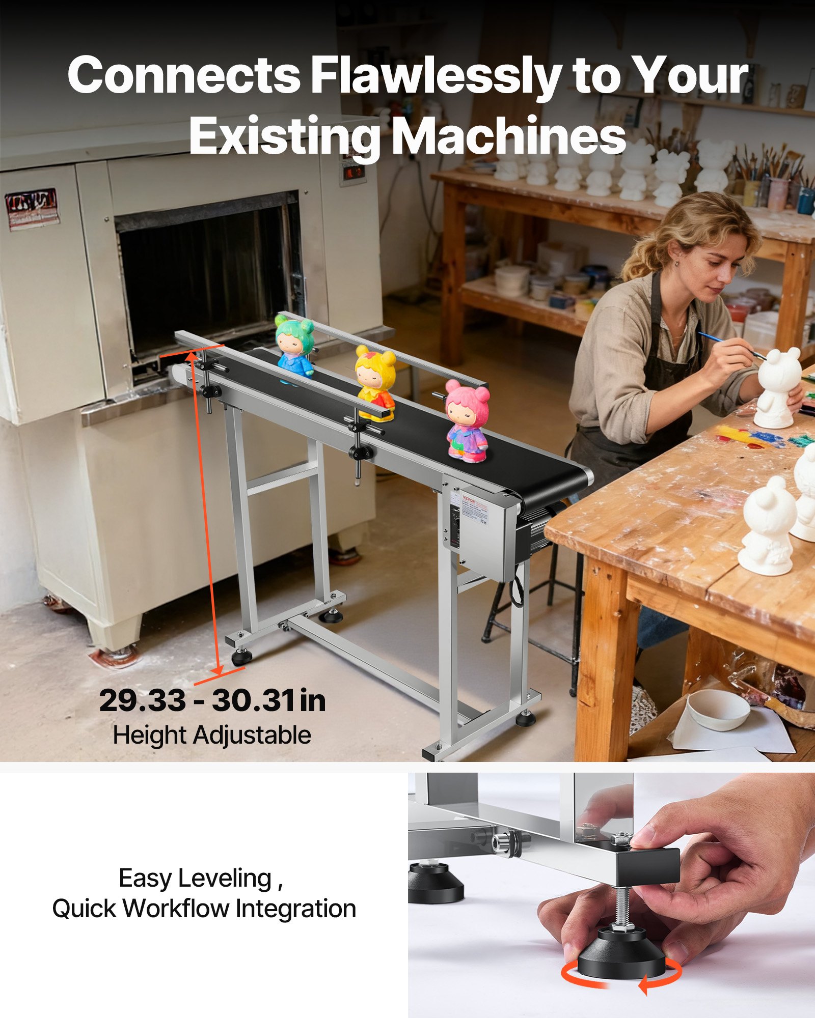 Transportador de banda VEVOR, mesa transportadora de 47 x 7,8 pulgadas, transportador de banda motorizado de acero inoxidable de alta resistencia para aplicaciones de codificación por inyección de tinta, banda de PVC motorizada, antiestática, velocidad ajustable (barandilla doble)