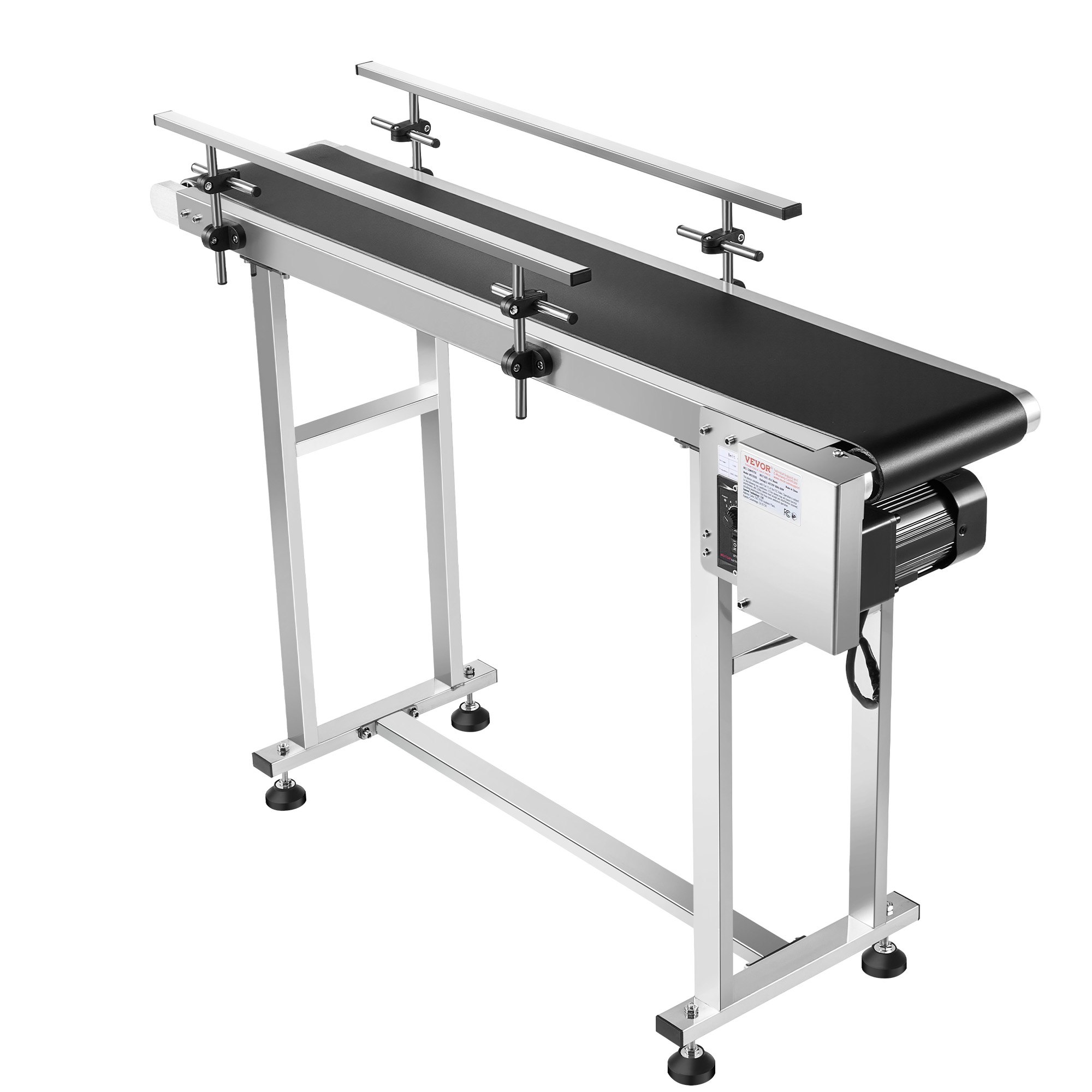 Transportador de banda VEVOR, mesa transportadora de 47 x 7,8 pulgadas, transportador de banda motorizado de acero inoxidable de alta resistencia para aplicaciones de codificación por inyección de tinta, banda de PVC motorizada, antiestática, velocidad ajustable (barandilla doble)