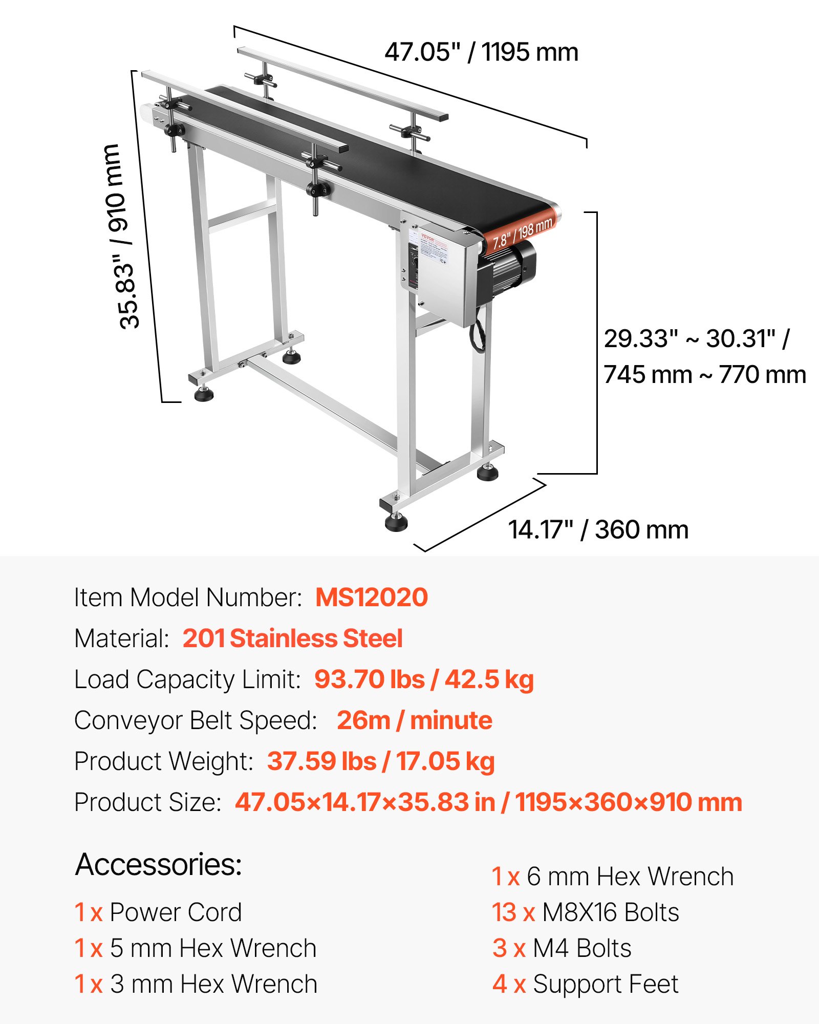 Transportador de banda VEVOR, mesa transportadora de 47 x 7,8 pulgadas, transportador de banda motorizado de acero inoxidable de alta resistencia para aplicaciones de codificación por inyección de tinta, banda de PVC motorizada, antiestática, velocidad ajustable (barandilla doble)