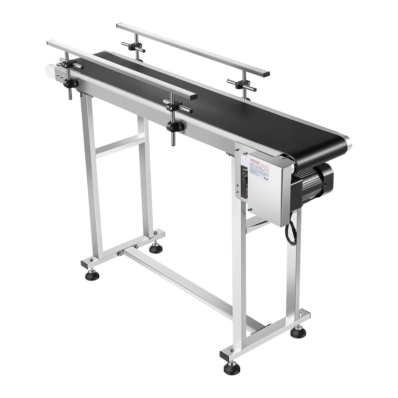 Transportador de banda VEVOR, mesa transportadora de 47 x 7,8 pulgadas, transportador de banda motorizado de acero inoxidable de alta resistencia para aplicaciones de codificación por inyección de tinta, banda de PVC motorizada, antiestática, velocidad ajustable (barandilla doble)