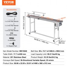 Cinta transportadora VEVOR, mesa transportadora de 59 x 15,7 pulgadas, cinta transportadora motorizada de acero inoxidable resistente para aplicaciones de codificación de inyección de tinta, correa de PVC accionada, velocidad ajustable antiestática (barandilla doble)