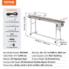 Cinta transportadora VEVOR, mesa transportadora de 59 x 15,7 pulgadas, cinta transportadora motorizada de acero inoxidable resistente para aplicaciones de codificación de inyección de tinta, correa de PVC accionada, velocidad ajustable antiestática (barandilla doble)