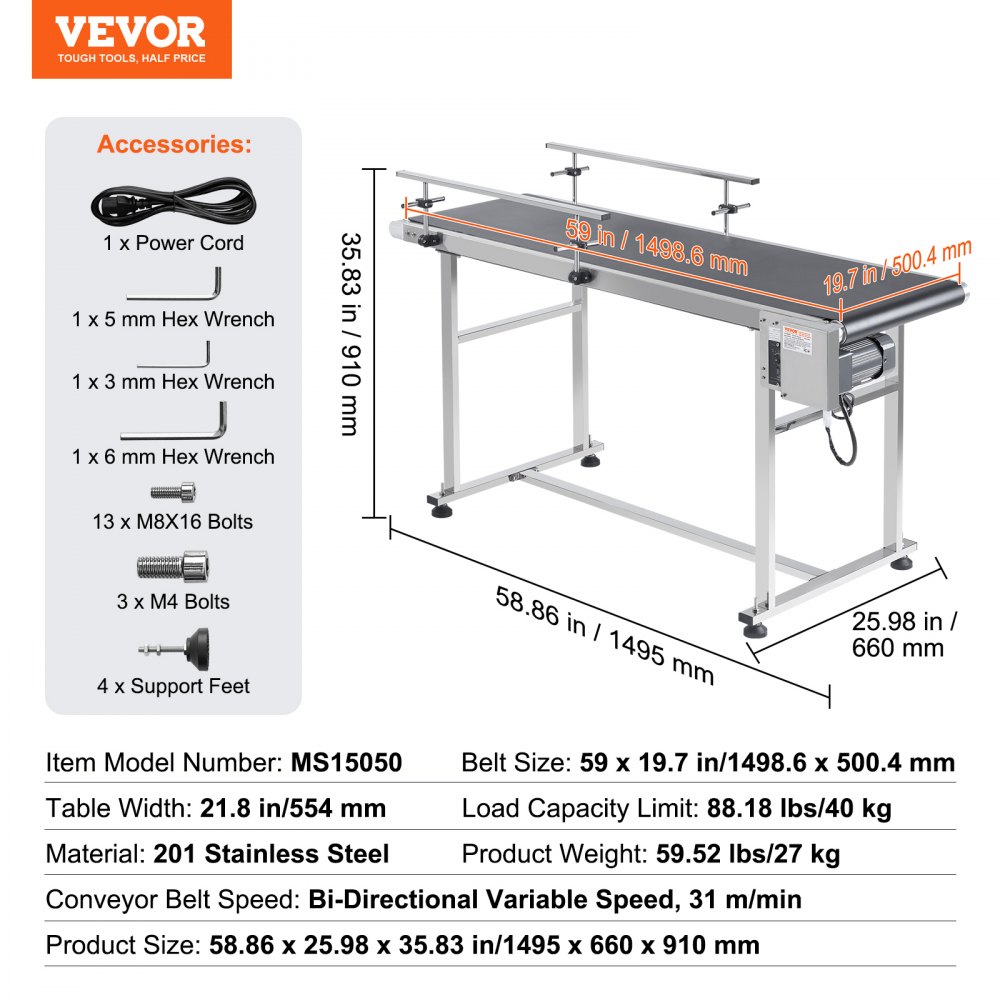 Cinta transportadora VEVOR, mesa transportadora de 59 x 19,7 pulgadas, cinta transportadora motorizada de acero inoxidable de alta resistencia para aplicaciones de codificación por inyección de tinta, cinta de PVC motorizada, antiestática, velocidad ajustable (doble barandilla de protección).