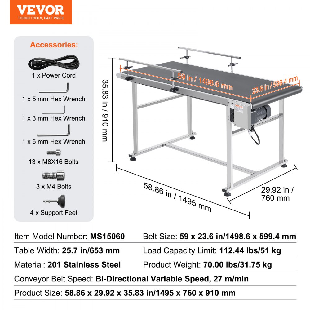 VEVOR Belt Conveyor, 59 x 23.6 inch Conveyor Table, Heavy Duty Stainless Steel Motorized Belt Conveyor for Inkjet Coding Applications Powered PVC Belt Anti-Static Adjustable Speed (Double Guardrail)