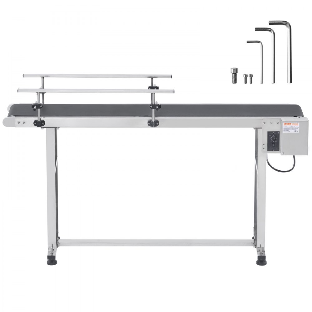 VEVOR Belt Conveyor, 59 x 23.6 inch Conveyor Table, Heavy Duty Stainless Steel Motorized Belt Conveyor for Inkjet Coding Applications Powered PVC Belt Anti-Static Adjustable Speed (Double Guardrail)