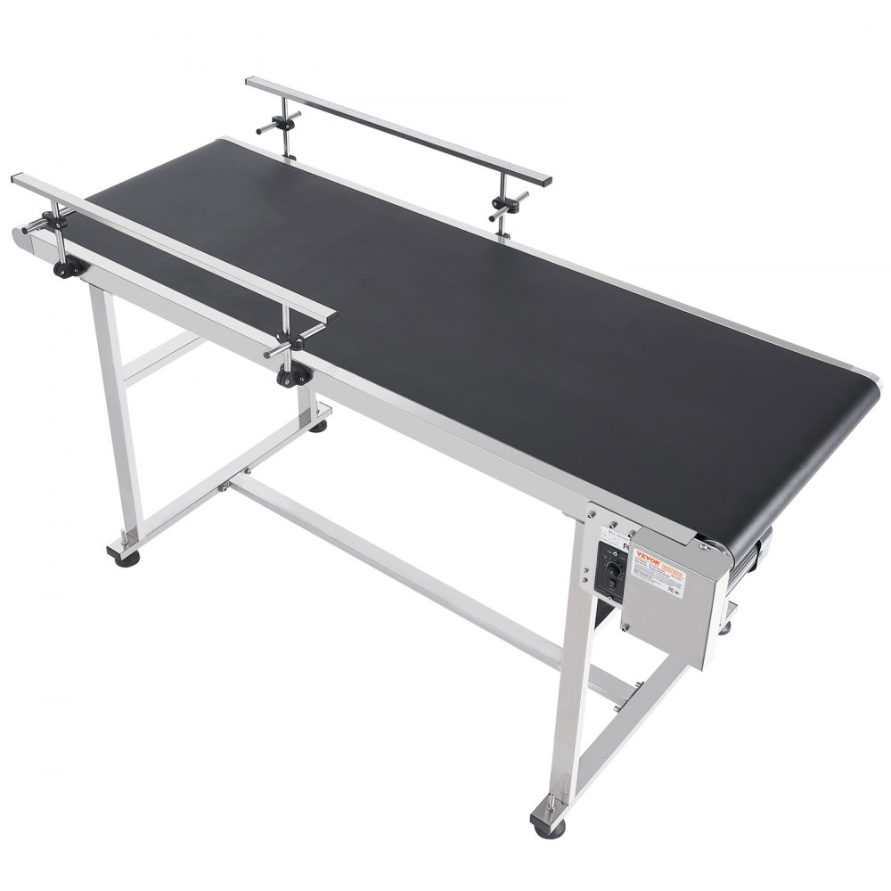 Cinta transportadora VEVOR, mesa transportadora de 59 x 23,6 pulgadas, cinta transportadora motorizada de acero inoxidable de alta resistencia para aplicaciones de codificación por inyección de tinta, cinta de PVC motorizada, antiestática, velocidad ajustable (doble barandilla de protección).