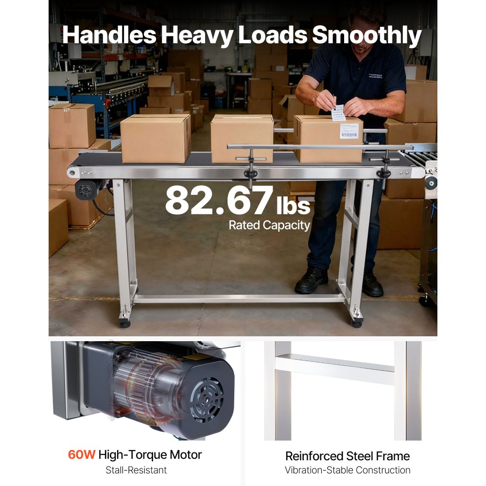 Transportador de banda VEVOR, mesa transportadora de 59 x 7,8 pulgadas, transportador de banda motorizado de acero inoxidable de alta resistencia para aplicaciones de codificación por inyección de tinta, banda de PVC motorizada, antiestática, velocidad ajustable (barandilla doble)