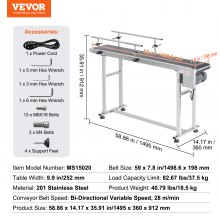 Cinta transportadora VEVOR, mesa transportadora de 59 x 7,8 pulgadas, cinta transportadora motorizada de acero inoxidable resistente para aplicaciones de codificación de inyección de tinta, correa de PVC accionada, velocidad ajustable antiestática (barandilla doble)