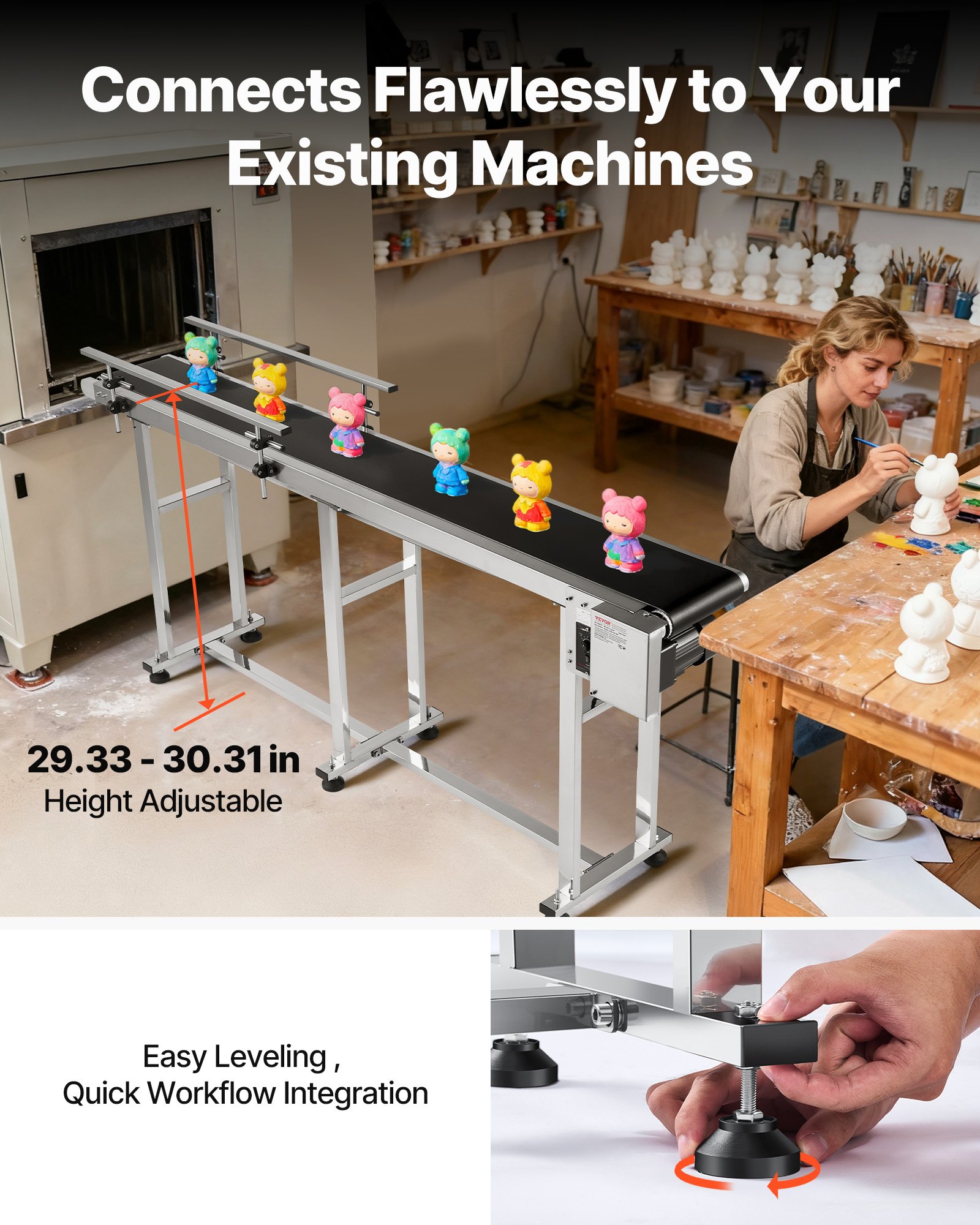 VEVOR Transportador de Correa Motorizado 1803,4x198,1 mm Transportador Acero Inoxidable Cinta Transportadora de PVC Antiestática Barandilla Doble para Aplicación de Codificación por Inyección de Tinta