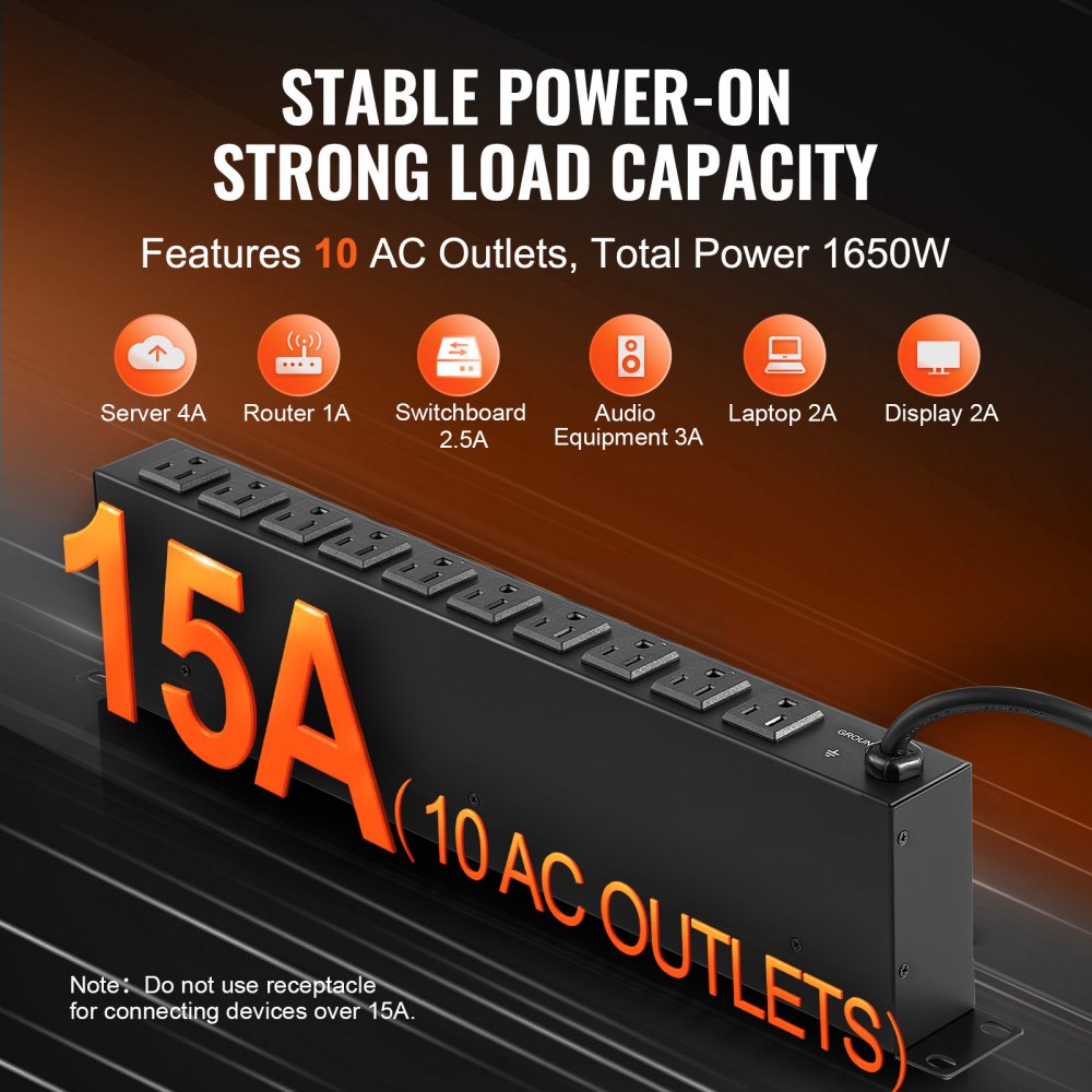 PDU VEVOR 1U, 10 tomas de corriente, regleta de enchufes para montaje en rack, compatible con racks de servidores estándar de 19", con interruptor independiente, protección contra sobretensiones y sobrecargas, 110-125 V/15 A, ideal para el hogar y la oficina.