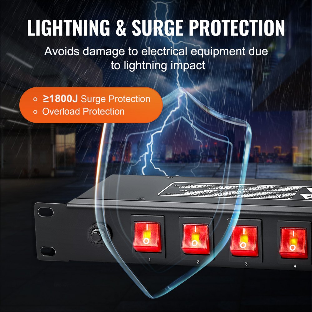 PDU VEVOR 1U, 10 tomas de corriente, regleta de enchufes para montaje en rack, compatible con racks de servidores estándar de 19", con interruptor independiente, protección contra sobretensiones y sobrecargas, 110-125 V/15 A, ideal para el hogar y la oficina.