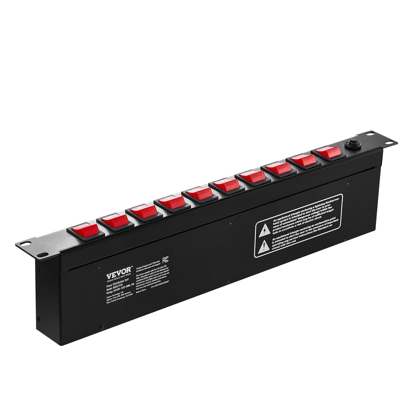 Regleta de alimentación de 19" 1U VEVOR con 10 tomas de corriente para montaje en rack y protección contra sobrecargas