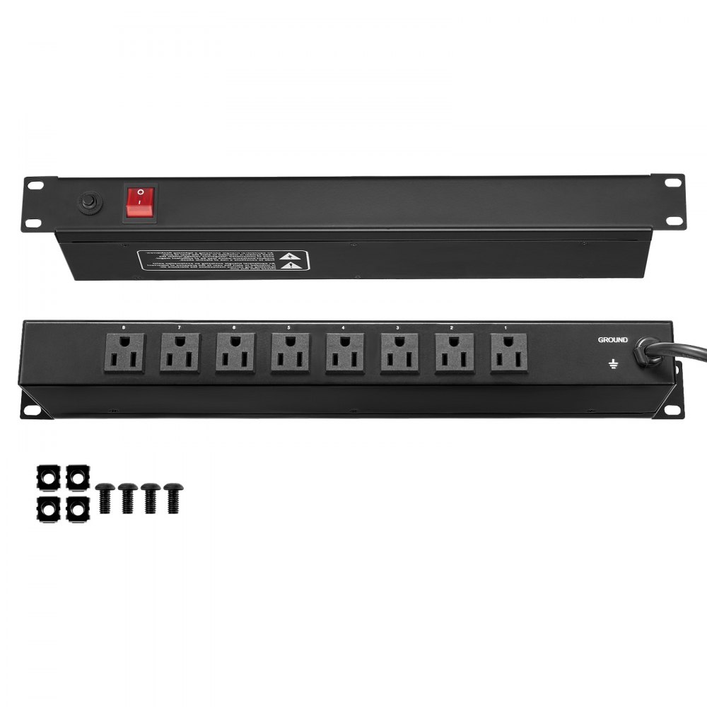 PDU VEVOR 1U, 8 tomas de corriente, regleta de montaje en rack compatible con racks de servidores estándar de 19", con interruptor integrado de protección contra sobretensiones y sobrecargas, 110-125 V/15 A, ideal para el hogar y la oficina.