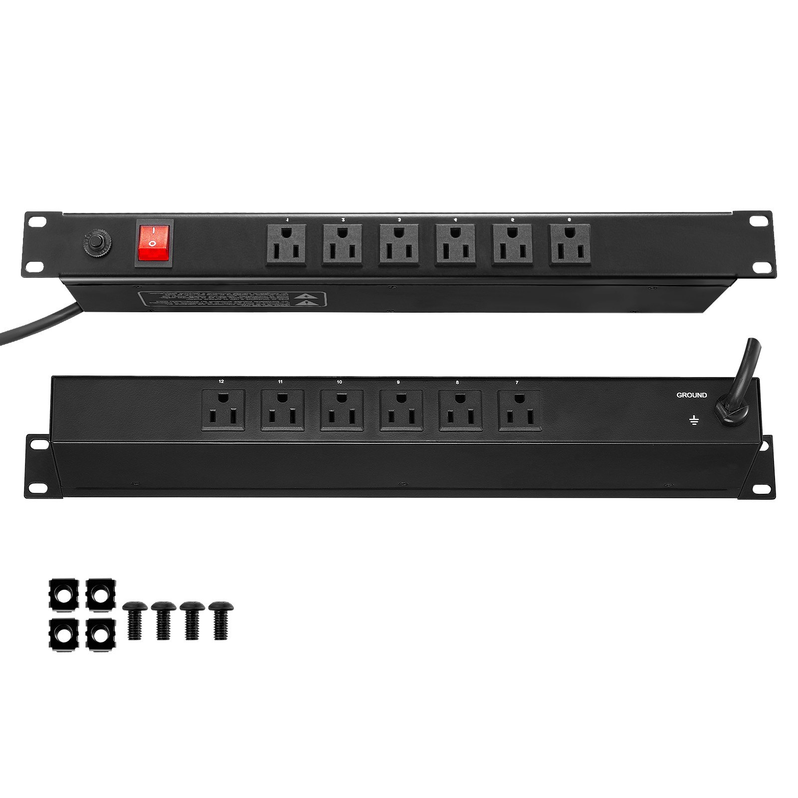 PDU VEVOR 1U, 12 tomas de corriente, regleta de montaje en rack compatible con racks de servidores estándar de 19", con interruptor integrado de protección contra sobretensiones y sobrecargas, 110-125 V/15 A, ideal para el hogar y la oficina.