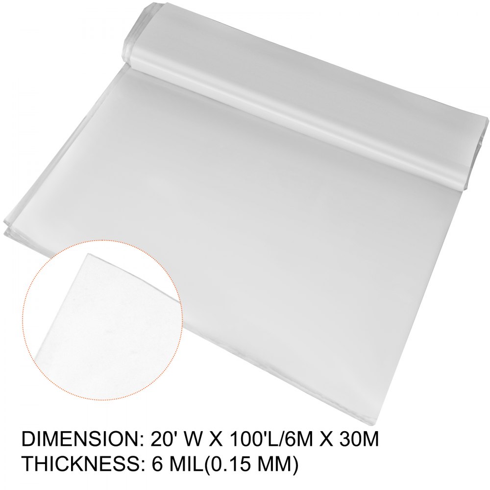 Película para invernadero VEVOR de 20 x 100 pies, película de polietileno para invernadero de 6 mil de grosor, película de plástico transparente para invernadero, resistente a los rayos UV, película de polietileno que mantiene el calor, resistencia superior