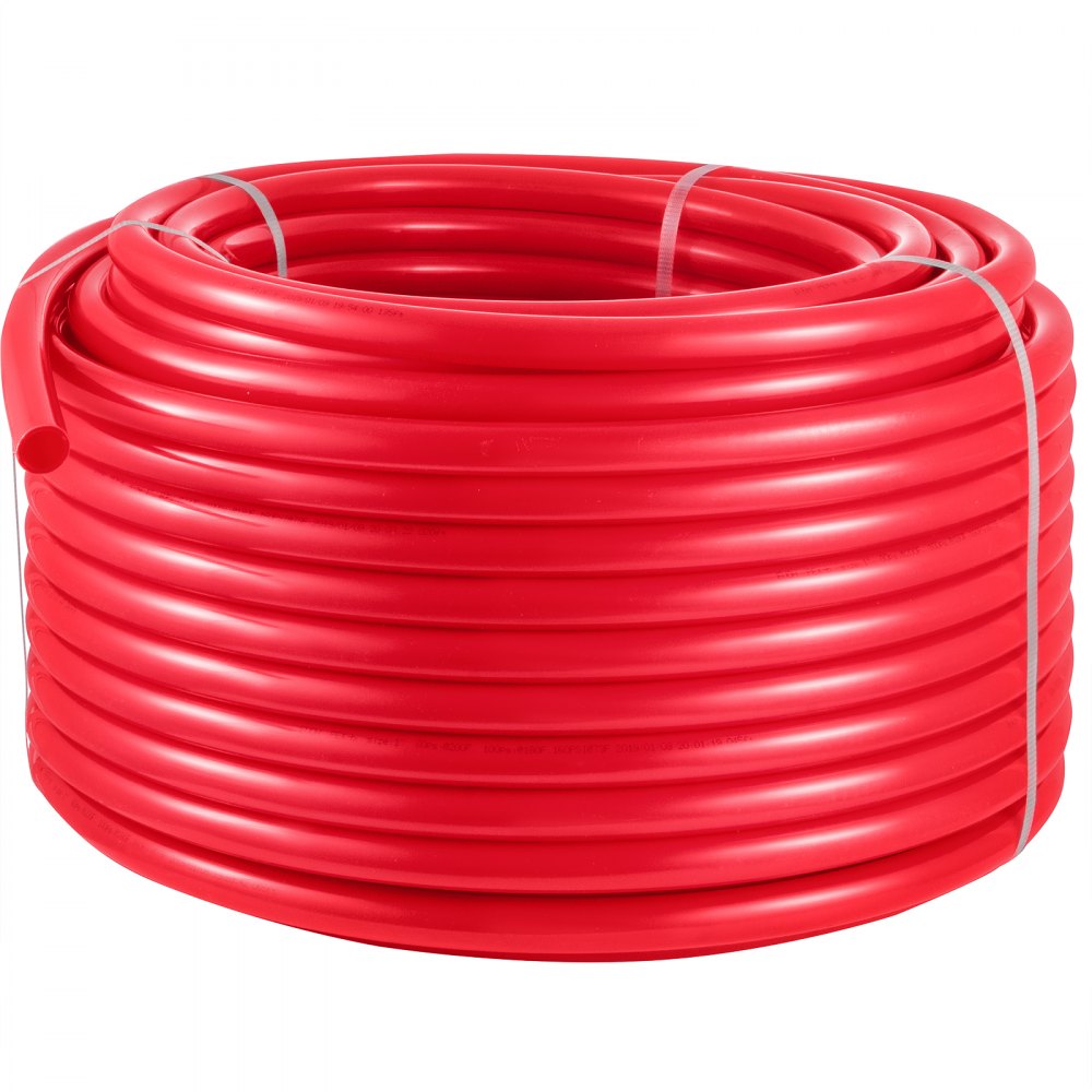 Bobina roja de tubo pex VEVOR cuidadosamente envuelta con bridas de plástico.