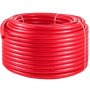 Bobina roja de tubo pex VEVOR cuidadosamente envuelta con bridas de plástico.