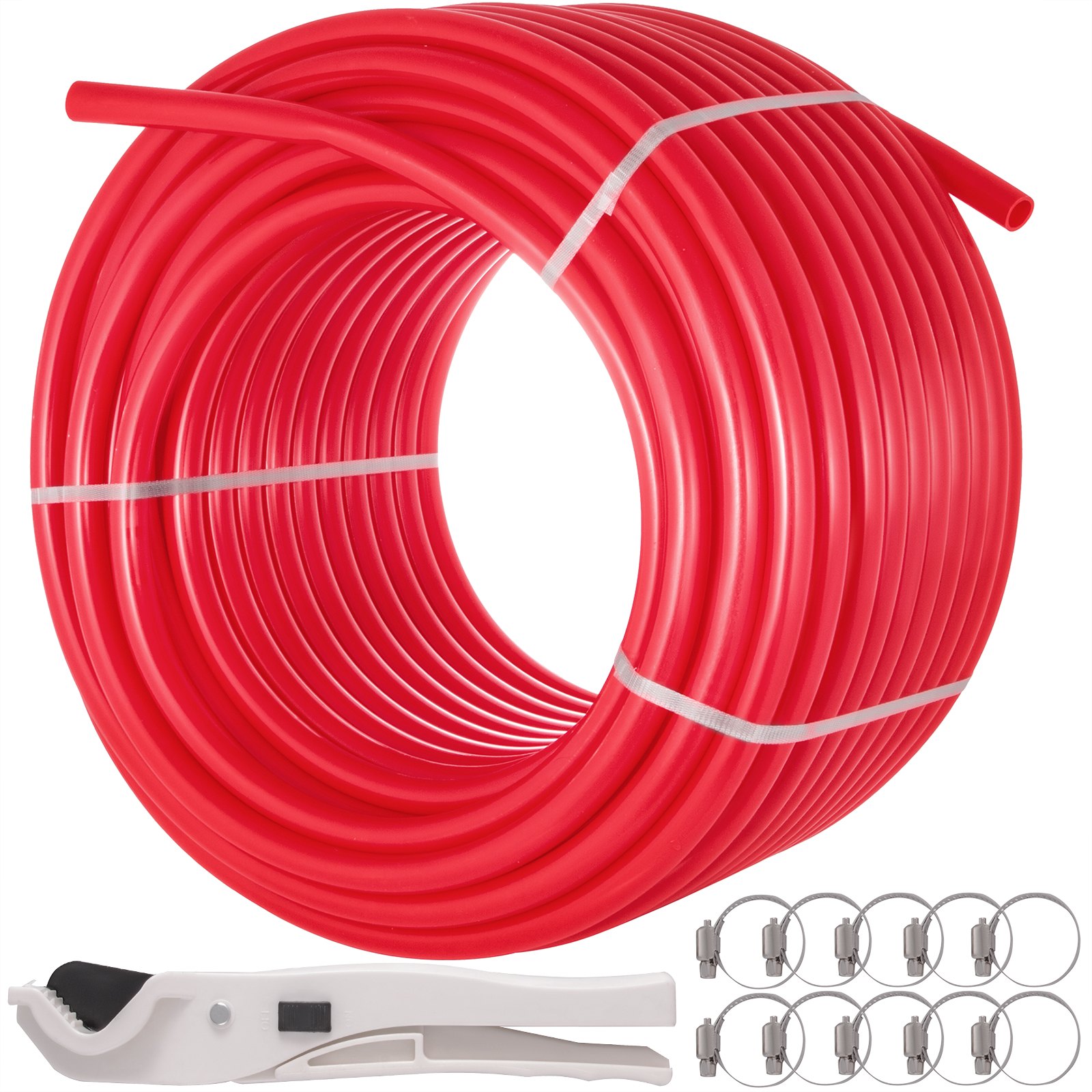 Rollo de tubo pex rojo VEVOR con cortador de tubos y múltiples abrazaderas metálicas.