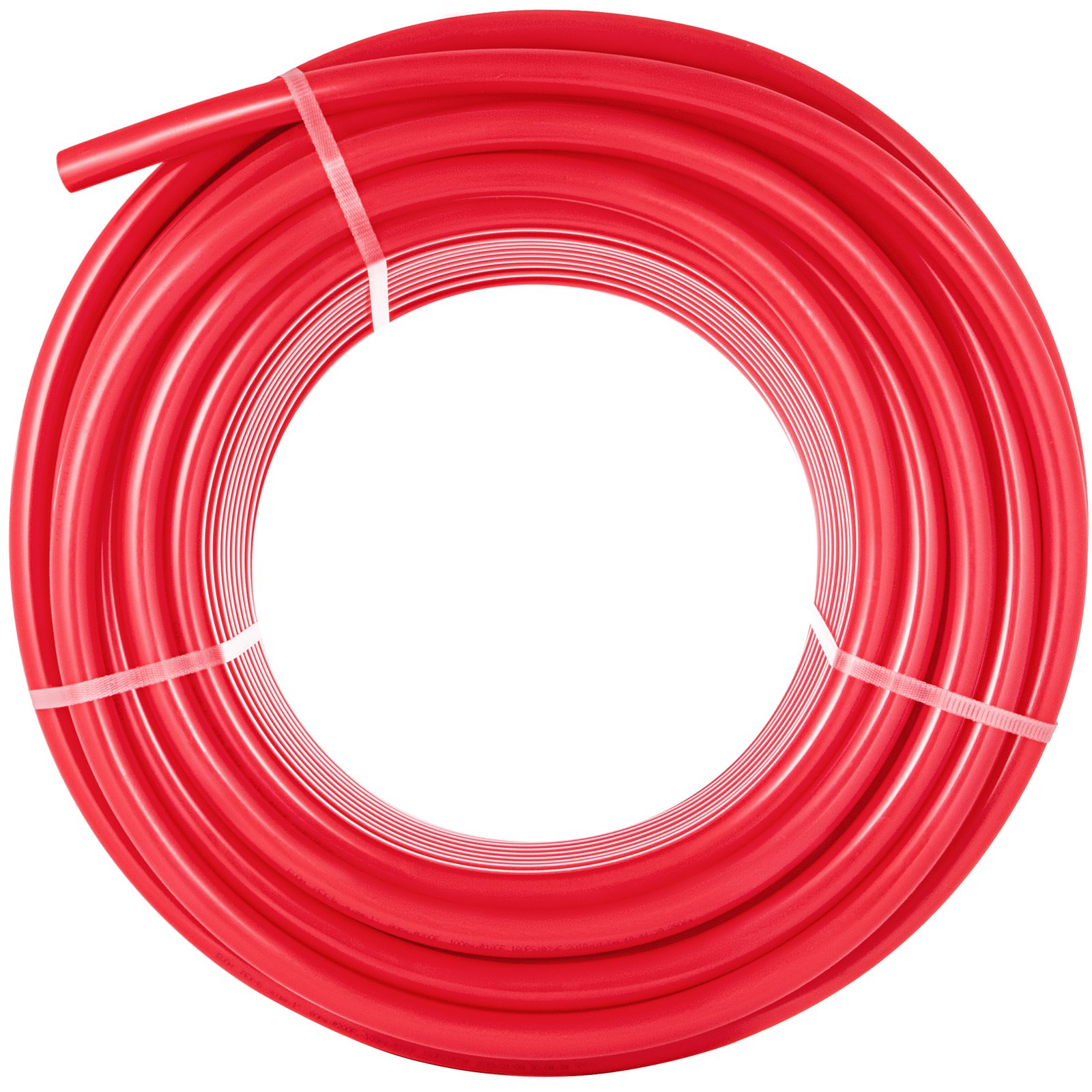 Bobina roja de tubo pex VEVOR con correas de sujeción blancas.