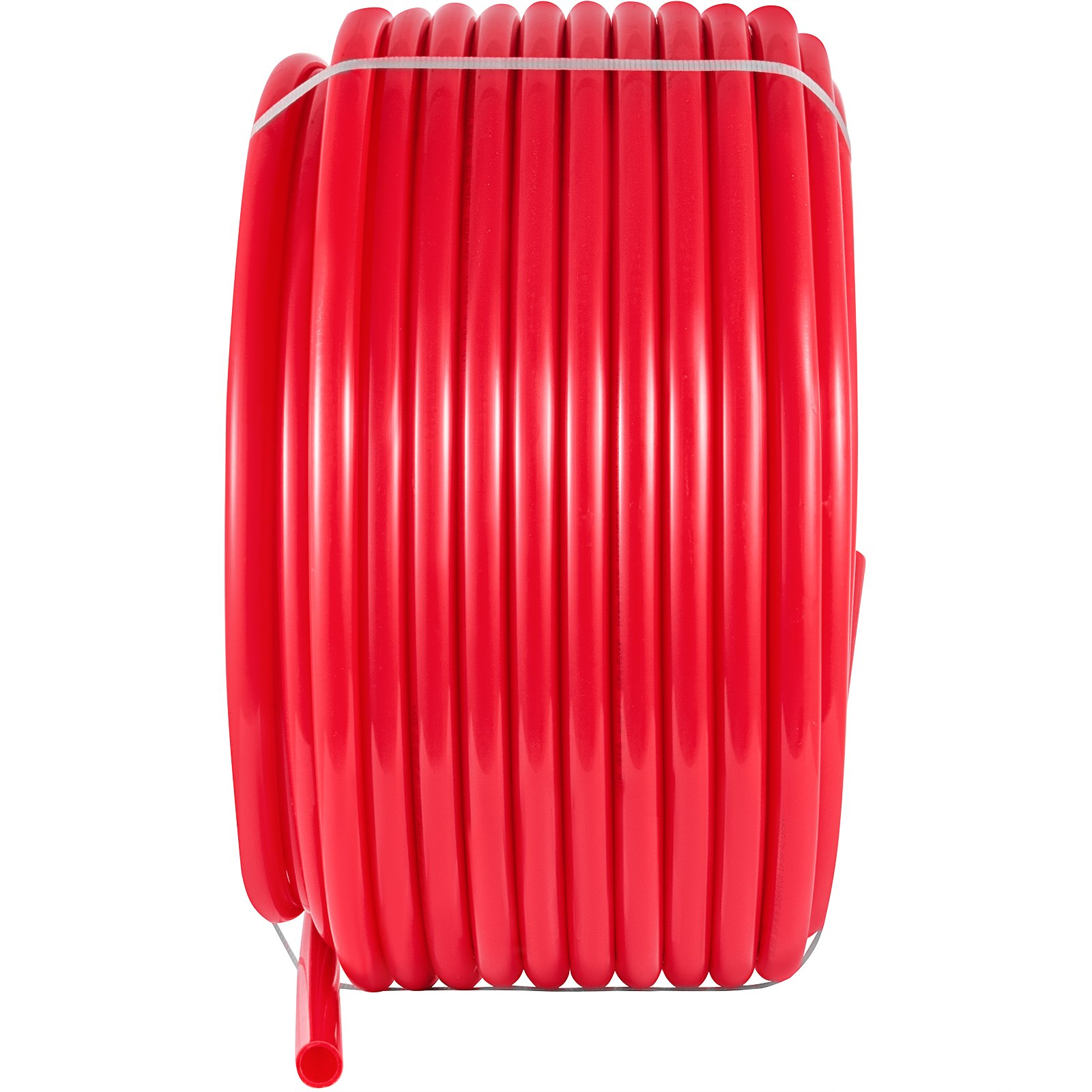 Rollo rojo de tubo pex VEVOR enrollado cuidadosamente y asegurado con correas blancas.