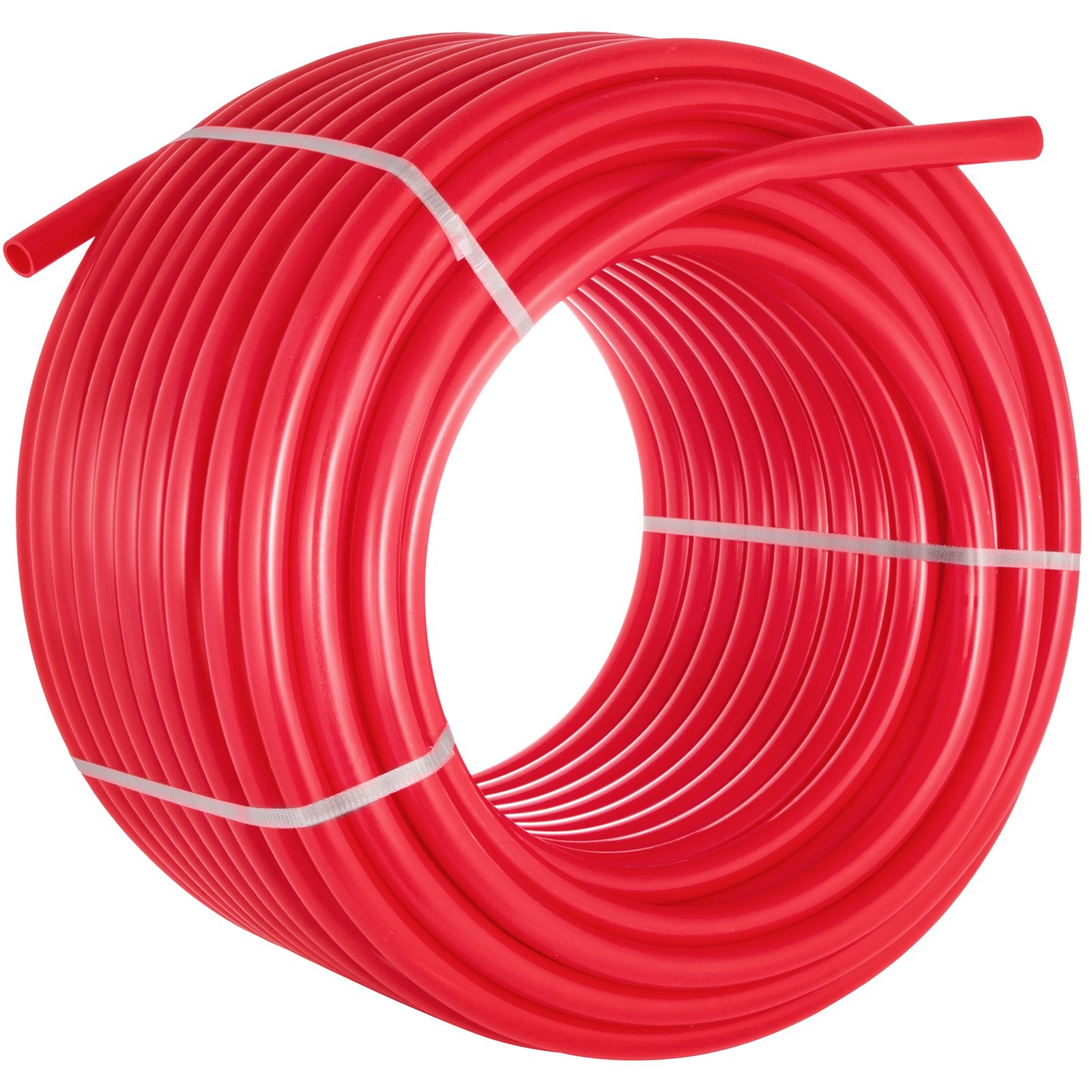 Bobina roja de tubo pex VEVOR asegurada con correas blancas.