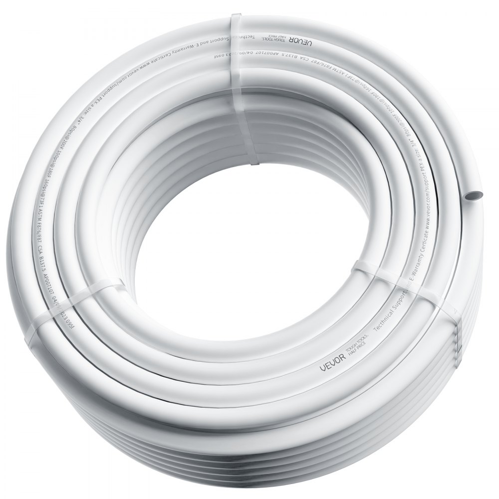 Tubo pex VEVOR en espiral blanco asegurado con tres bridas, con detalles técnicos impresos.