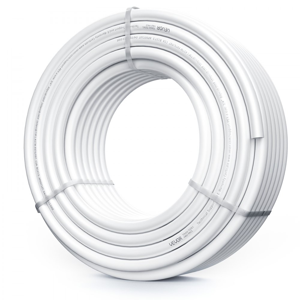 Bobina de tubo pex VEVOR en color blanco, cuidadosamente embalada con correas de sujeción transparentes.