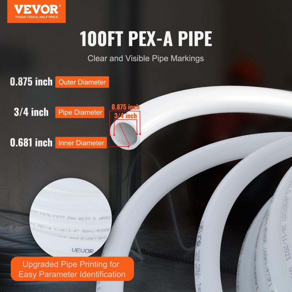 Tubería PEX VEVOR de 3/4 de pulgada y 100 pies de longitud. Tubería flexible PEX-A para agua potable. Líneas de agua PEX para agua caliente/fría de fácil restauración. Aplicaciones de plomería con cortador incluido. Color blanco.