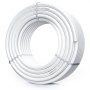 Tubo pex VEVOR en espiral blanco con detalles técnicos impresos y asegurado mediante bridas de plástico.