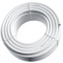 Tubo pex VEVOR en espiral blanco asegurado con tres bridas, con detalles técnicos impresos.