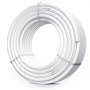 Bobina de tubo pex VEVOR en color blanco, cuidadosamente embalada con correas de sujeción transparentes.