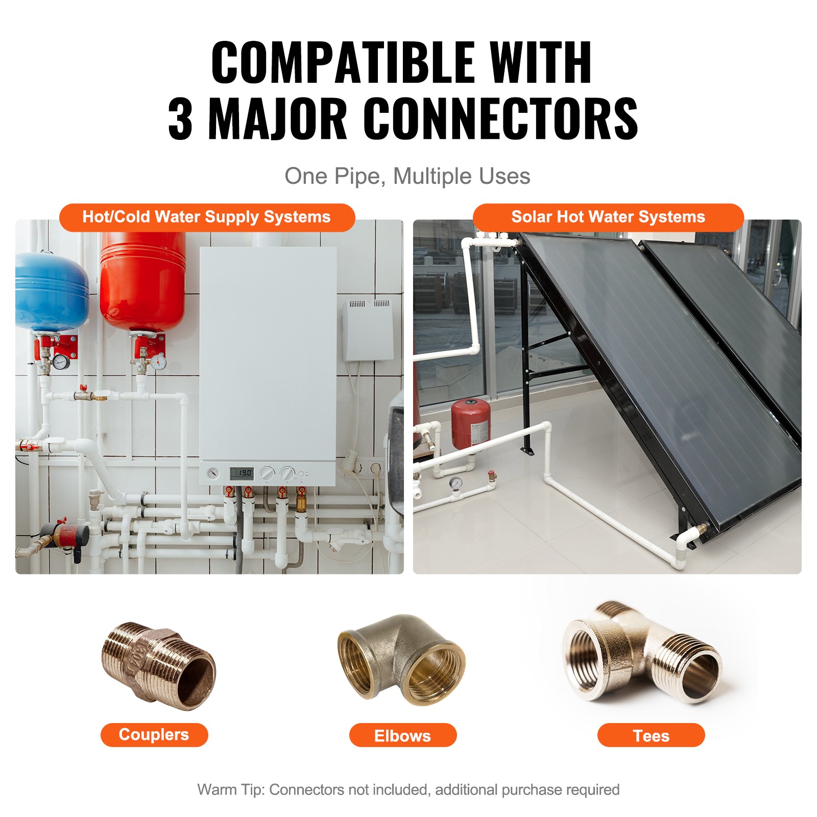 Compatible con 3 conectores principales: acopladores, codos y T para tuberías pex VEVOR en sistemas de agua fría/caliente y solares.