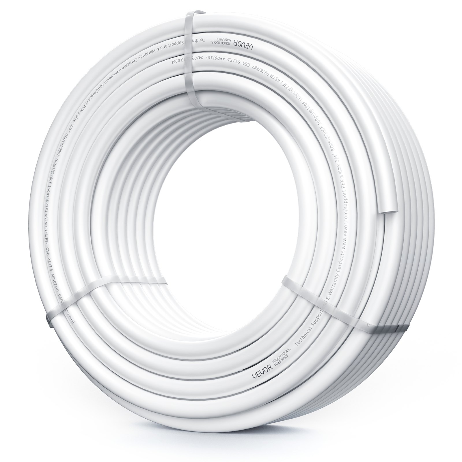 Tubo pex VEVOR en espiral blanco con detalles técnicos impresos y asegurado mediante bridas de plástico.