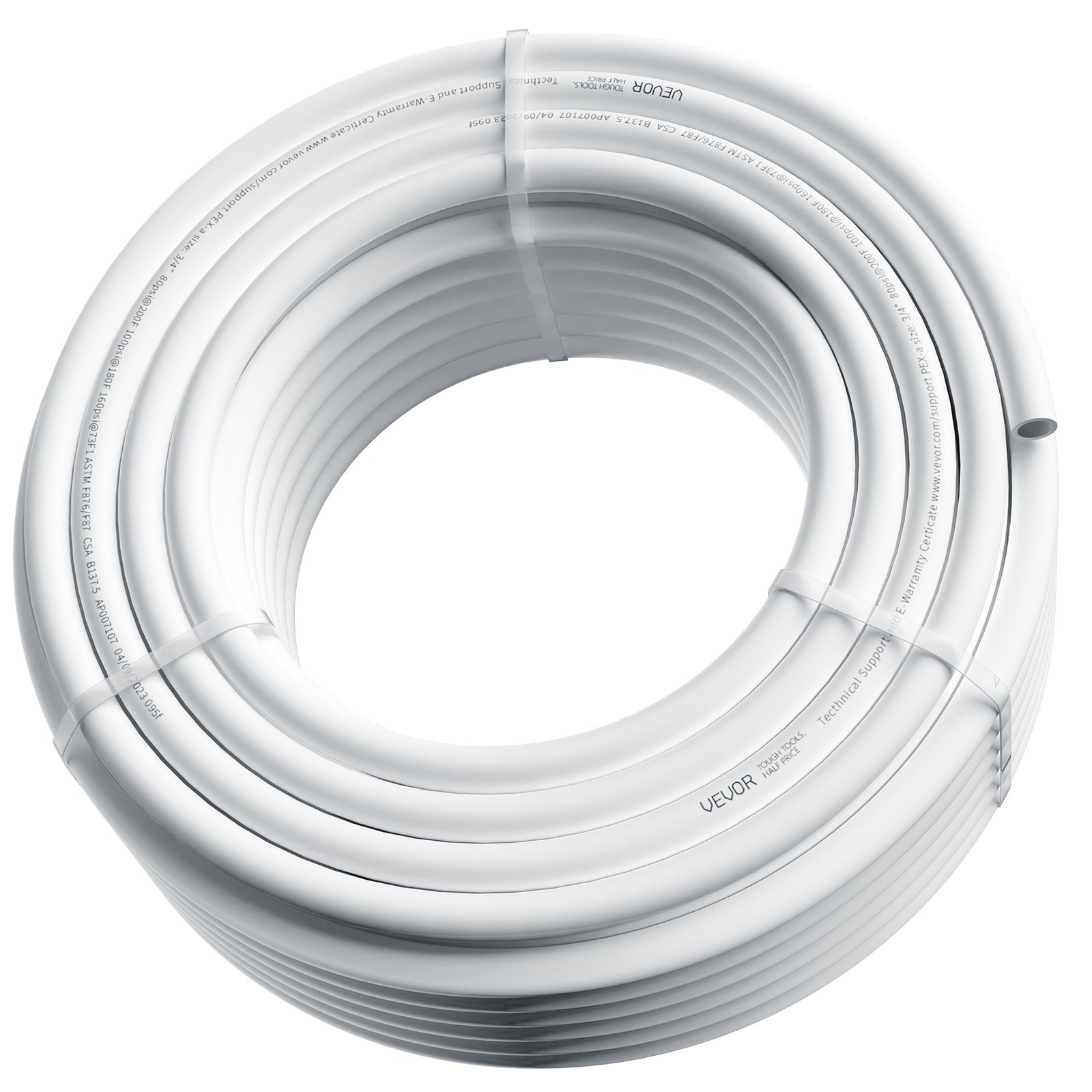 Tubo pex VEVOR en espiral blanco asegurado con tres bridas, con detalles técnicos impresos.