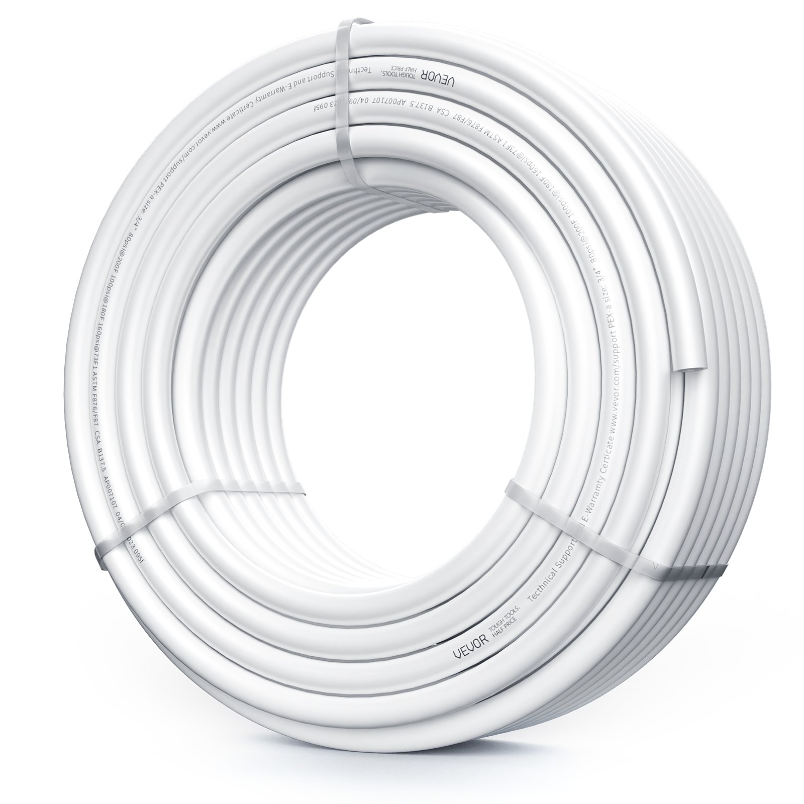Bobina de tubo pex VEVOR en color blanco, cuidadosamente embalada con correas de sujeción transparentes.