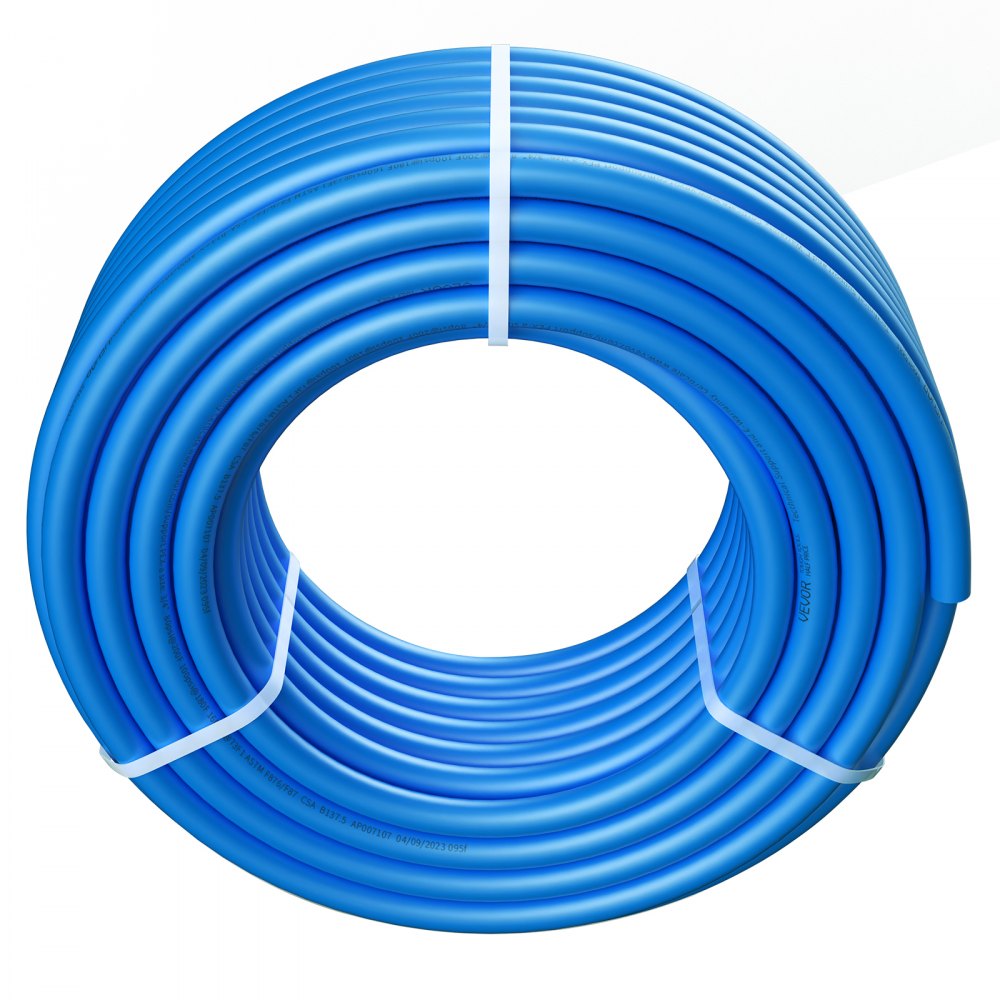 Tubo pex VEVOR en espiral azul, cuidadosamente asegurado con correas blancas y listo para la instalación de plomería.