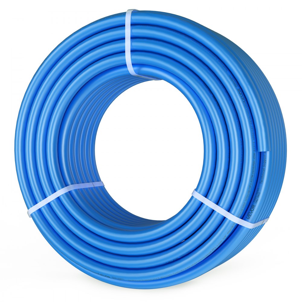 Tubo pex VEVOR en espiral azul asegurado con bridas blancas, resaltando su flexibilidad y durabilidad.