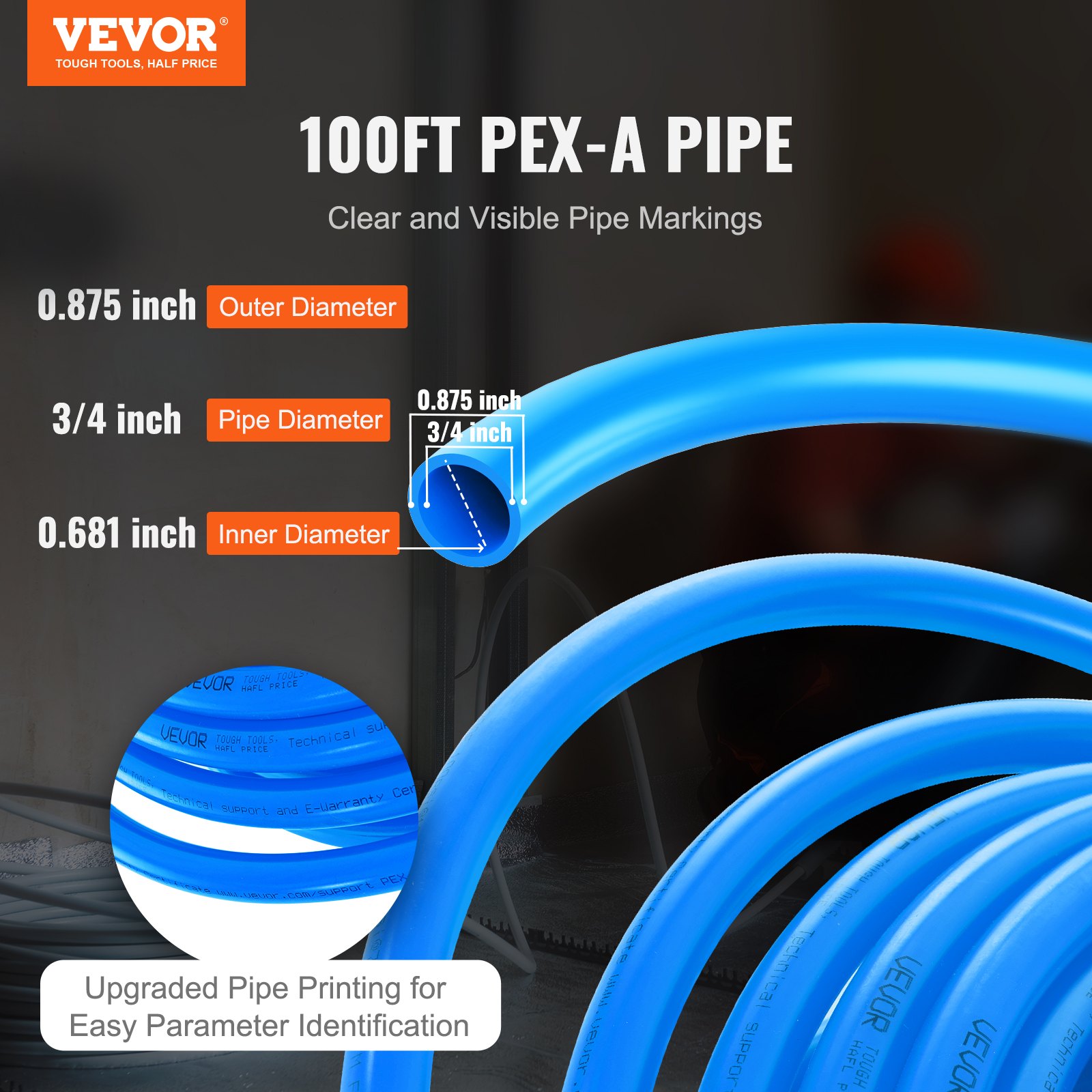 Tubo pex VEVOR de 100 pies, tubo pex-a con marcas claras y dimensiones: 0,875&quot; de diámetro exterior, 3/4&quot; de profundidad, 0,681&quot; de diámetro interior.