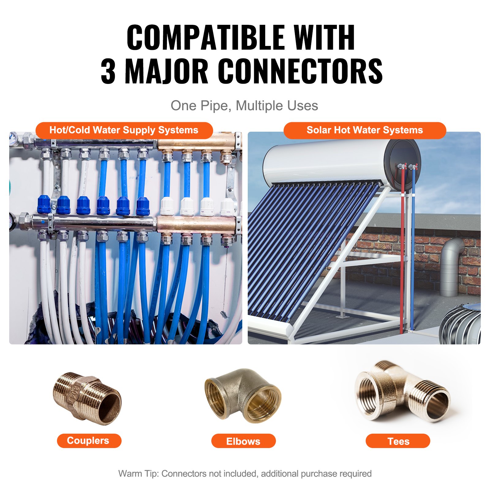 Tubería pex VEVOR compatible con sistemas de agua fría/caliente y sistemas de agua solares, con acopladores, codos y T.