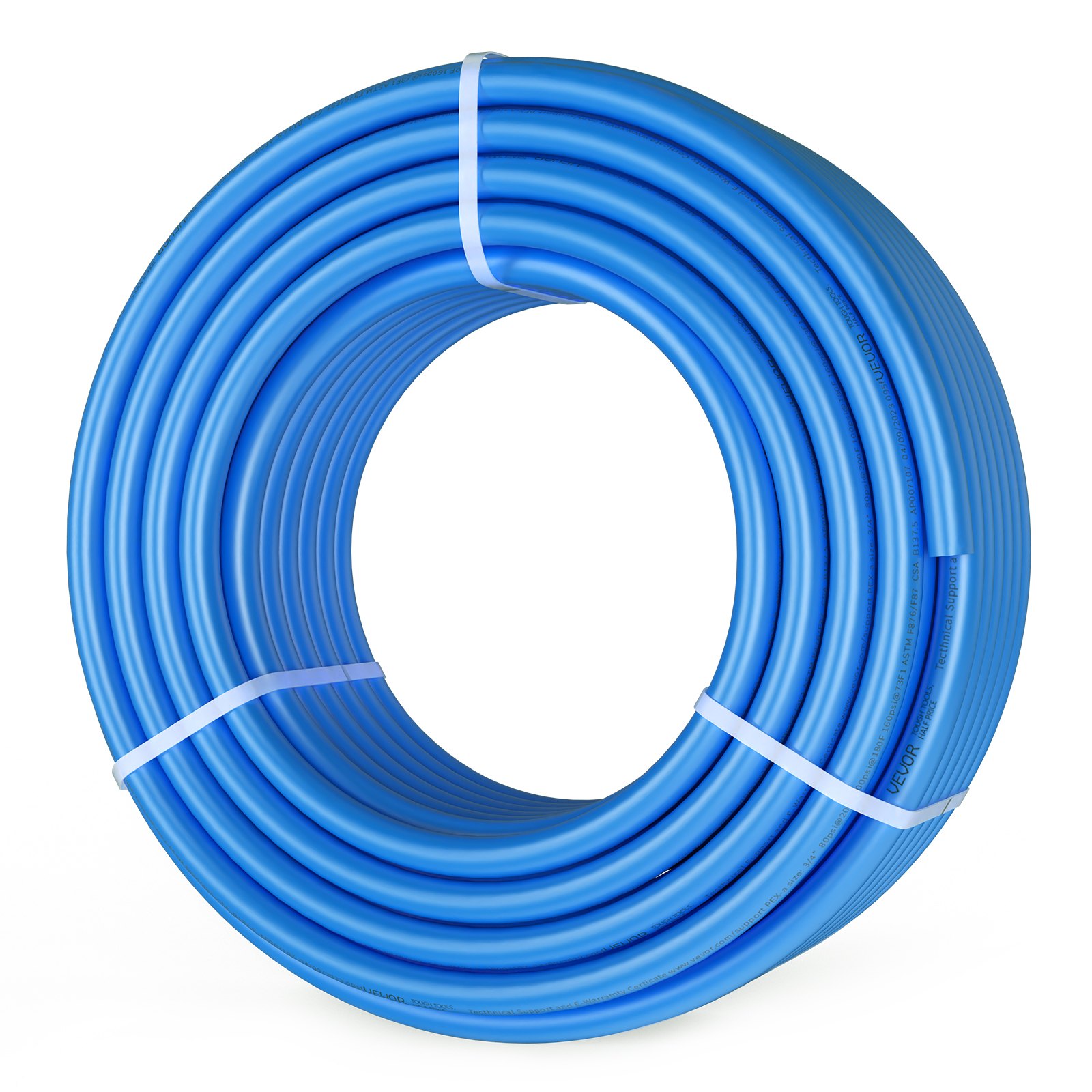 Tubo pex VEVOR en espiral azul asegurado con correas blancas, ideal para sistemas de plomería y calefacción.