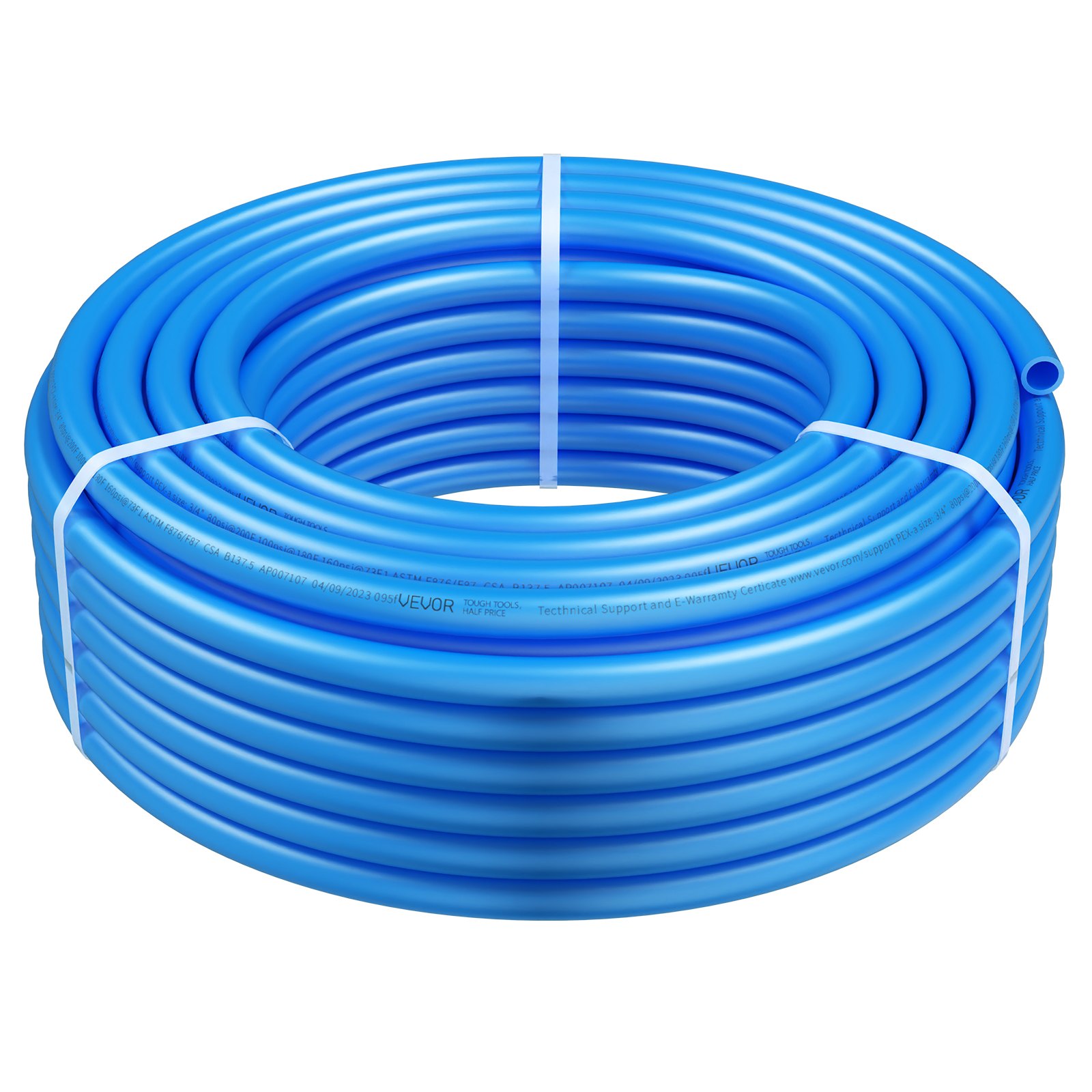 Tubo pex VEVOR azul enrollado, asegurado con bridas blancas, aislado sobre fondo blanco.