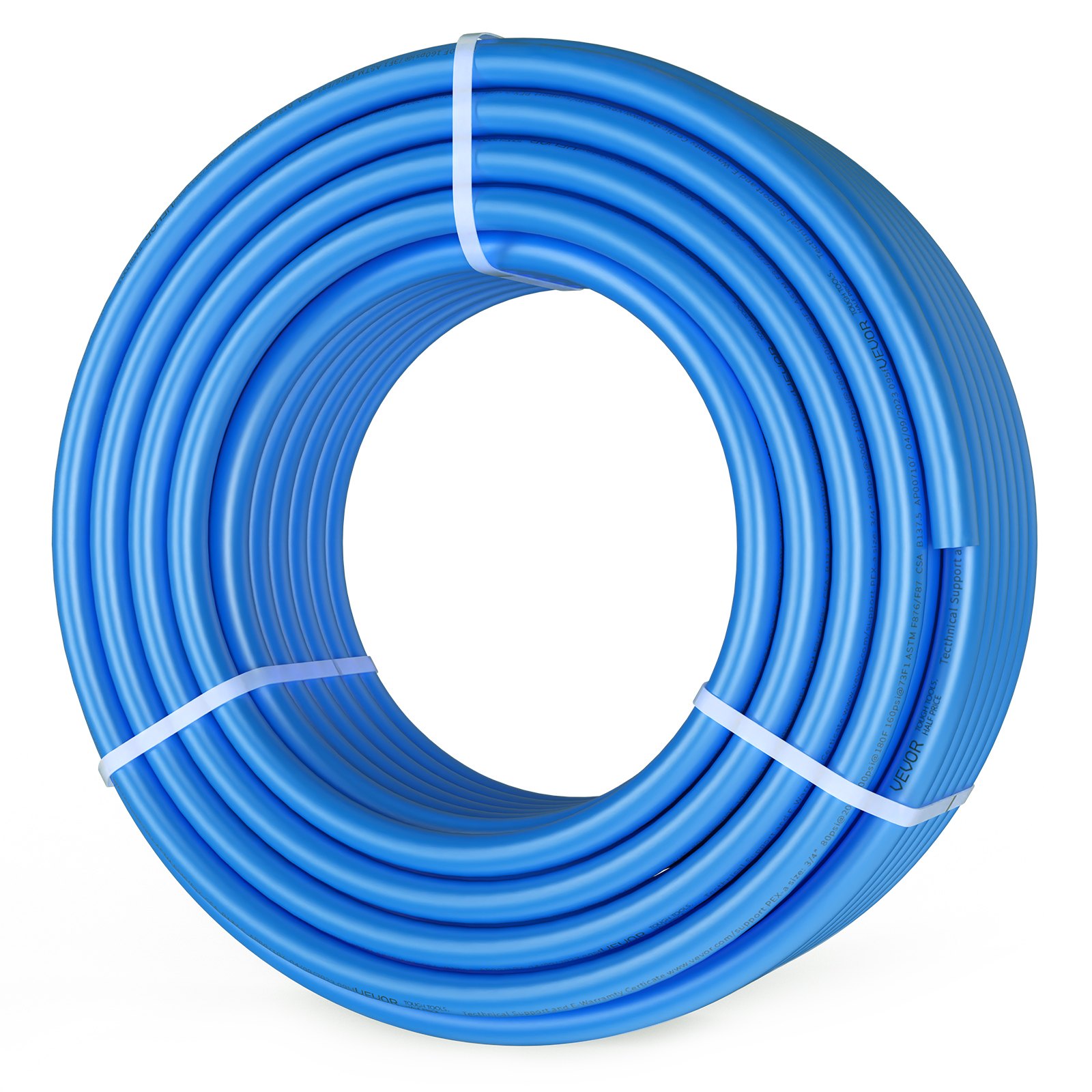 Tubo pex VEVOR en espiral azul asegurado con bridas blancas, resaltando su flexibilidad y durabilidad.