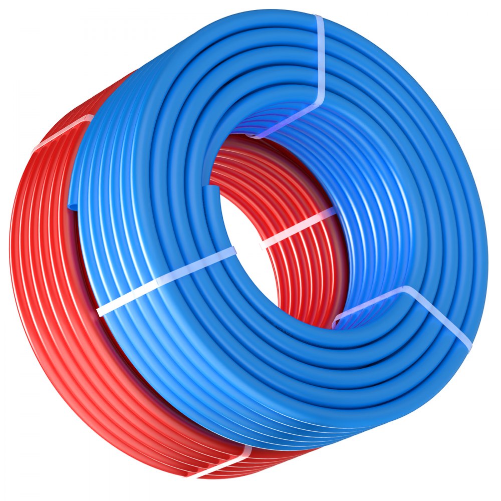 Bobinas rojas y azules de tubería pex VEVOR cuidadosamente ordenadas y atadas con correas blancas.