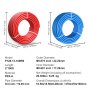 Bobinas de tubería pex VEVOR rojas y azules con dimensiones y especificaciones resaltando el material y el tamaño.