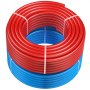 Bobinas de tubería pex VEVOR rojas y azules apiladas juntas.